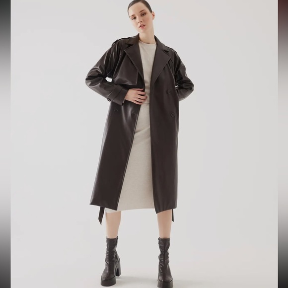 63 Fabulous Brown Detailed Vegan Leather Trench Coat - Picture 2 of 5